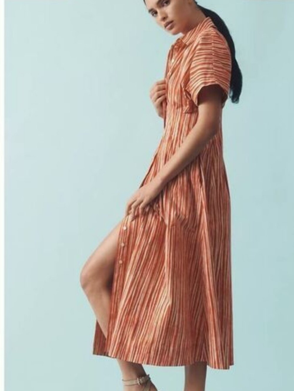 Anthropologie Exquise The Tobie Shirt Dress Striped Red Button Midi - Picture 15 of 16